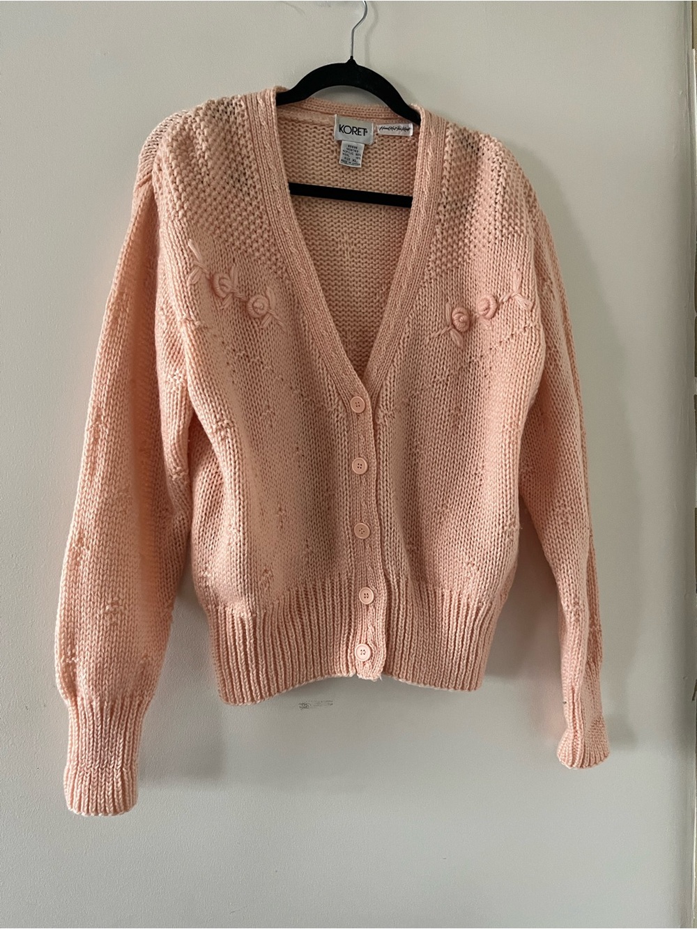 Vintage Pastel Orange Handmade Crochet Knit Button Up Cardigan Sweater XL